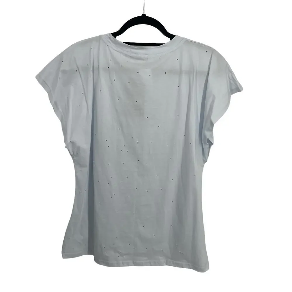 Balboa Women’s White Sequins Heart Lip Holes All Over Short Sleeve Tee T-shirt - Picture 7 of 11